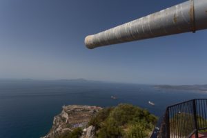 The view from O'Hara's Battery. The land where the gun is pointing is Morocco, the land on the very right is Spain.