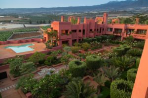 A garden at the resort. You can see the top of the volcano in the background.